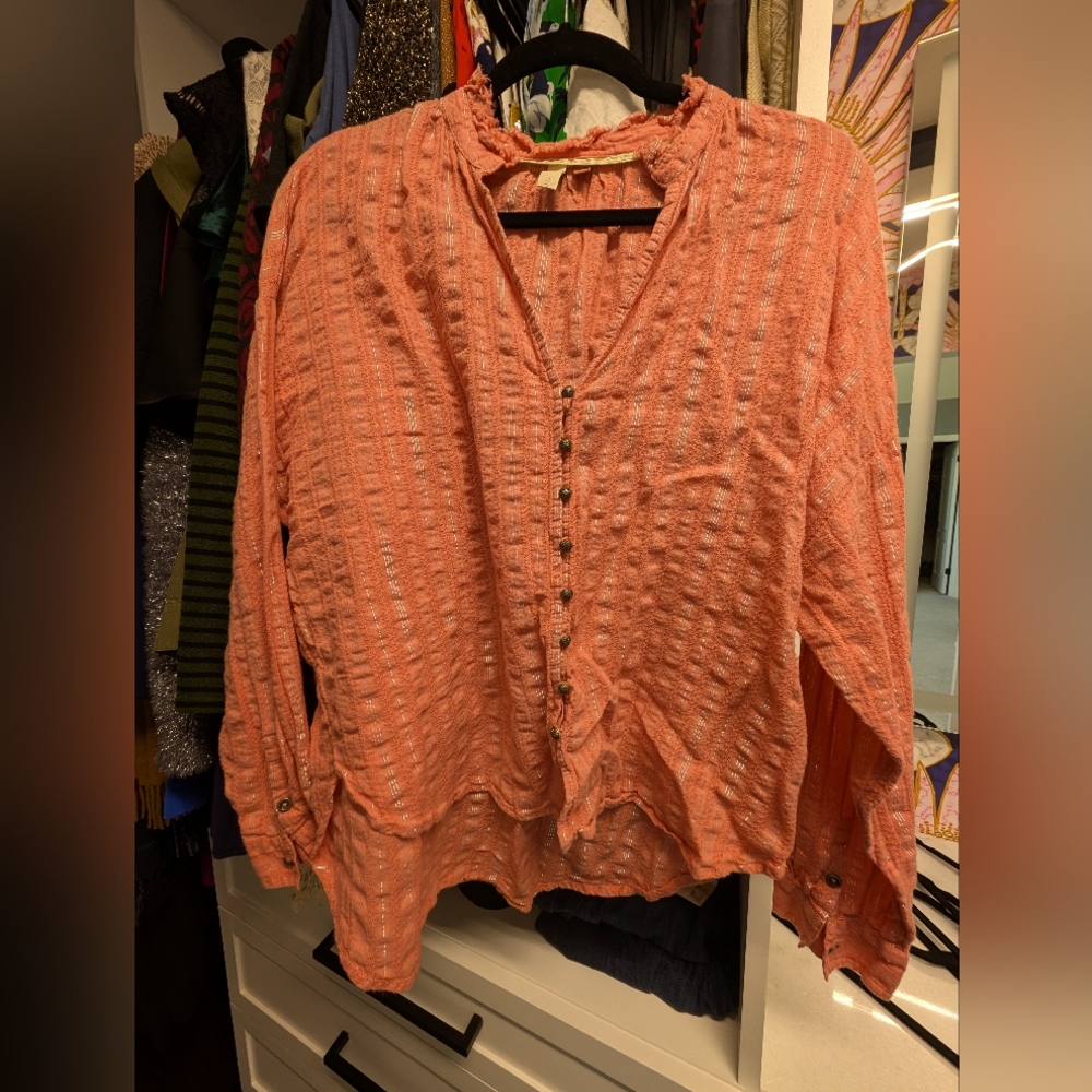 ANTHROPOLOGIE x PILCRO Tavi Stripe Oversized Button Up Blouse in Coral